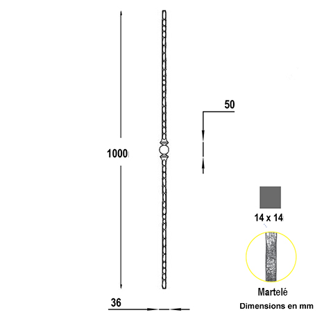 Balustre forg H1000mm 14x14mm FG2578 Balustre Acier martel FG2578