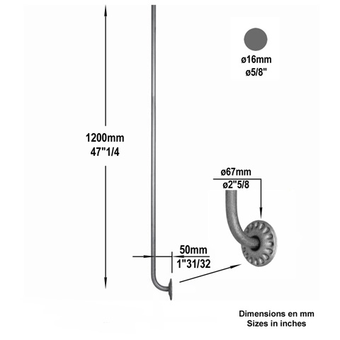 Balustre coud H1200mm 16mm FG2588 Balustre Acier coud FG2588