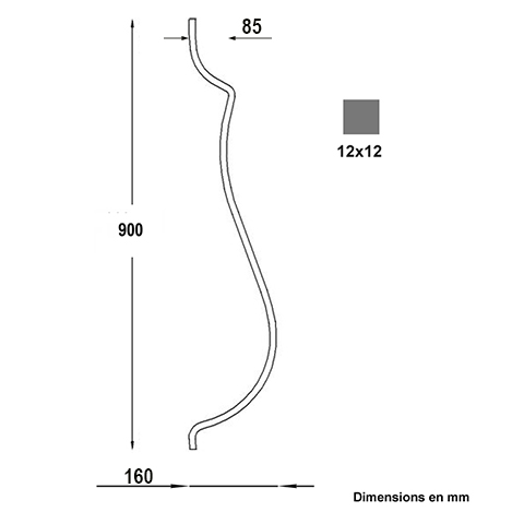 Balustre 2 galbes H900mm 12x12mm FG2604 Balustre Acier galb FG2604