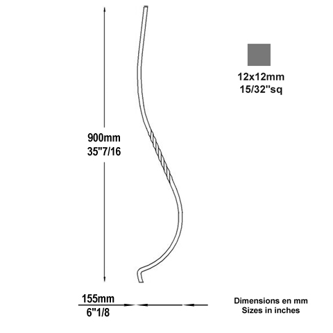 Balustre galb H900mm 12x12mm FG2615 Balustre Acier galb FG2615