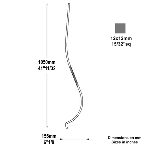 Balustre galb H1050mm 12x12mm FG2616 Balustre Acier galb FG2616