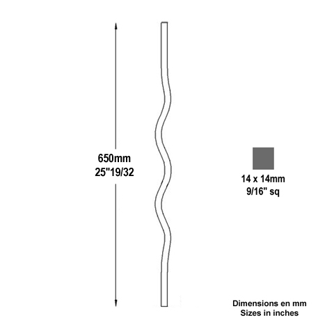 Balustre ondul H650mm 14x14mm FG2638 Balustre Acier ondul FG2638