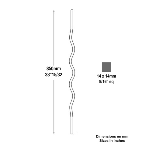 Balustre ondul H850mm 14x14mm FG2639 Balustre Acier ondul FG2639