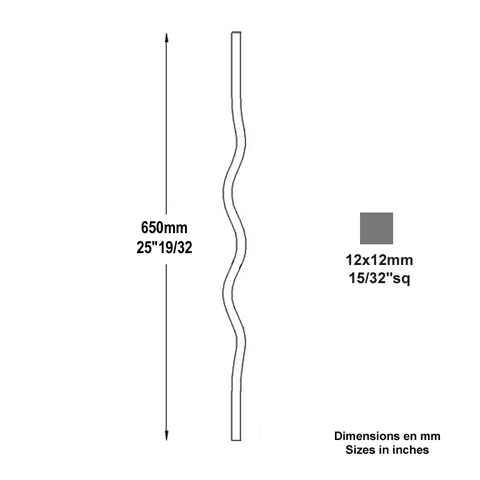 Balustre ondul H650mm 12x12mm FG26423 Balustre Acier ondul FG26423