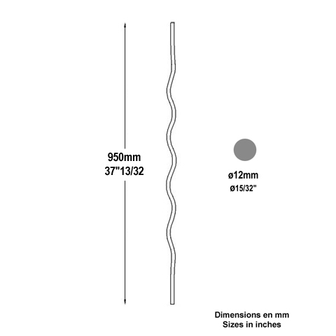 Balustre ondul H950mm 12mm FG2644 Balustre Acier ondul FG2644