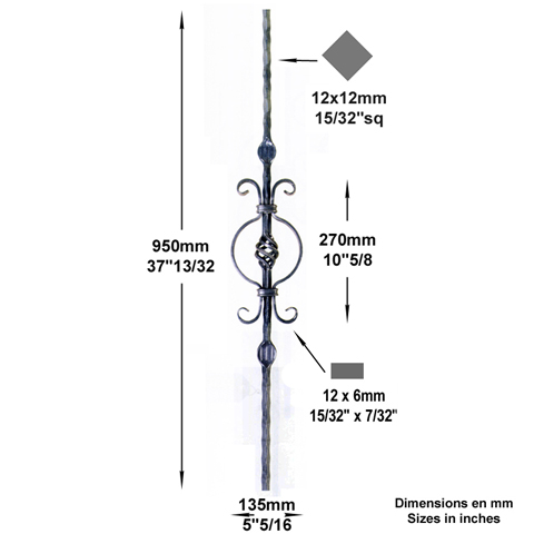 Balustre  motifs H950mm 12x12mm FG2655 Balustre Acier martel FG2655