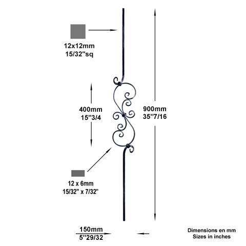Balustre  motifs H900mm 12x12mm FG2658 Balustre Acier assembl FG2658