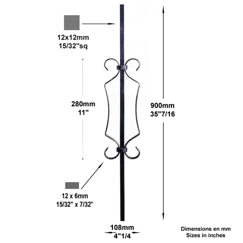 Balustre  motifs H900mm 12x12mm FG2659 Balustre Acier assembl FG2659
