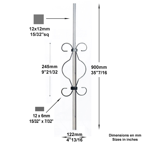 Balustre  motifs H900mm 12x12mm FG2661 Balustre Acier assembl FG2661