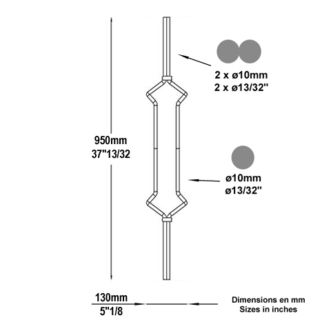 Balustre art dco H950mm 2x10mm FG26621 Balustre Acier artdco FG26621
