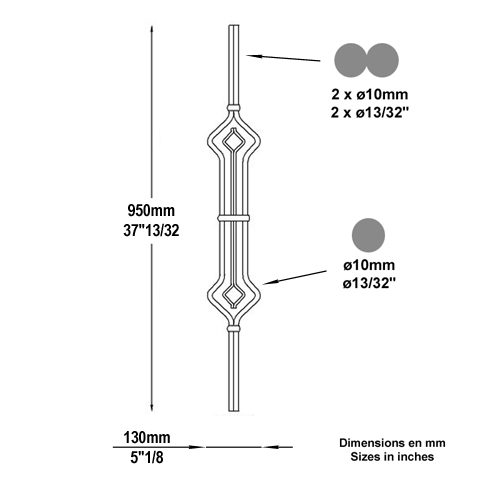 Balustre art dco H950mm 2x10mm FG2662 Balustre Acier artdco FG2662