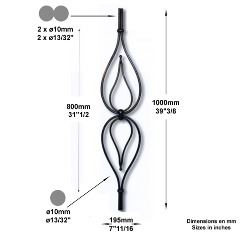 Balustre artdco H1000mm 2x10mm FG2663 Balustre Acier artdco FG2663