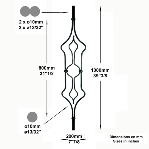 Balustre artdco H1000mm 2x10mm FG2664 Balustre Acier artdco FG2664