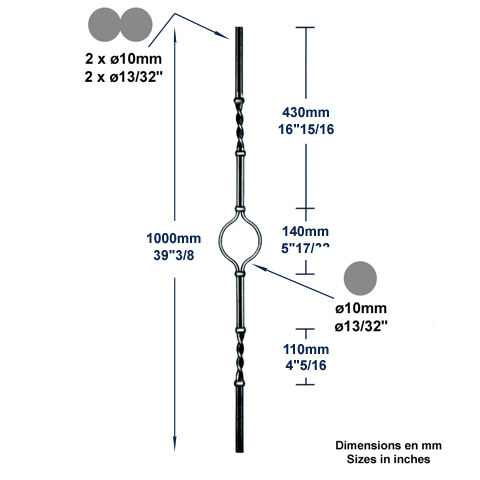 Balustre artdco H1000mm 2x10mm FG2667 Balustre Acier artdco FG2667