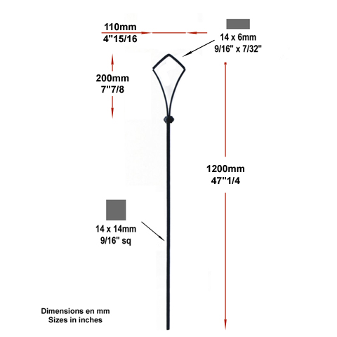 Balustre gothique H1200mm 14x14mm FG26693 Balustre Acier gothique FG26693