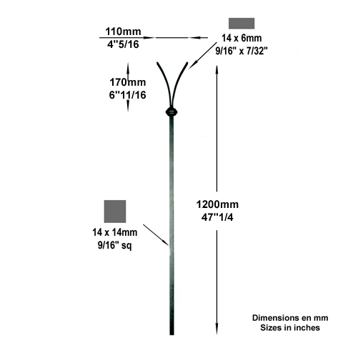 Balustre gothique H1200mm 14x14mm FG26694 Balustre Acier gothique FG26694