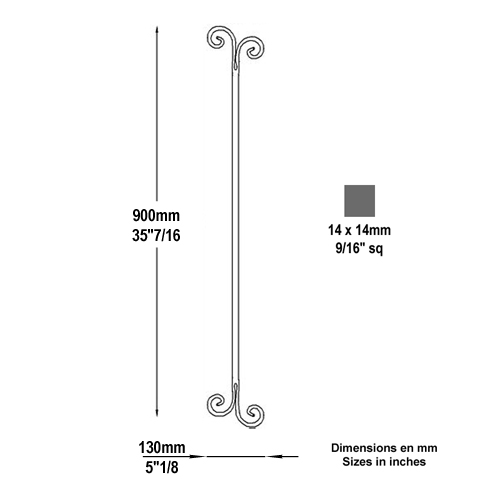 Balustre droit forg H900mm 14x14mm FG2671 Balustre Acier forg FG2671