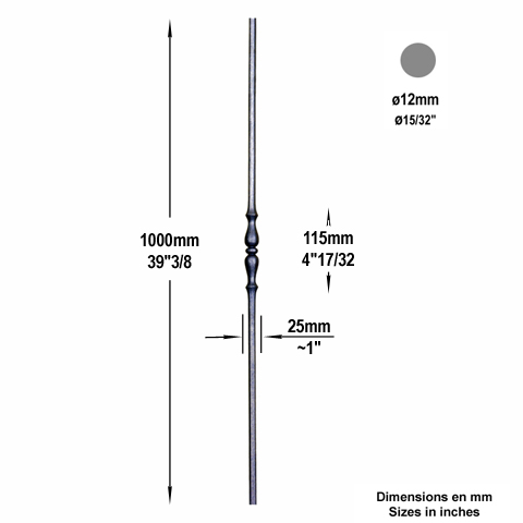 Balustre forg H1000mm 12mm FG2699 Balustre Acier forg FG2699