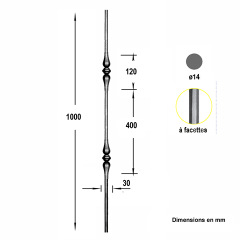 Balustre forg H1000mm 14mm FG2701 Balustre Acier forg FG2701