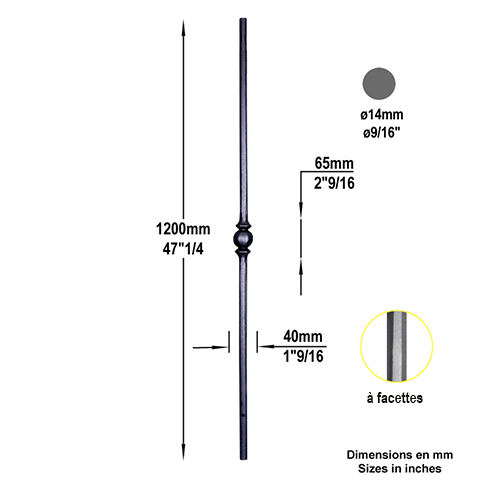 Balustre forg H1200mm 14mm FG2702 Balustre Acier forg FG2702