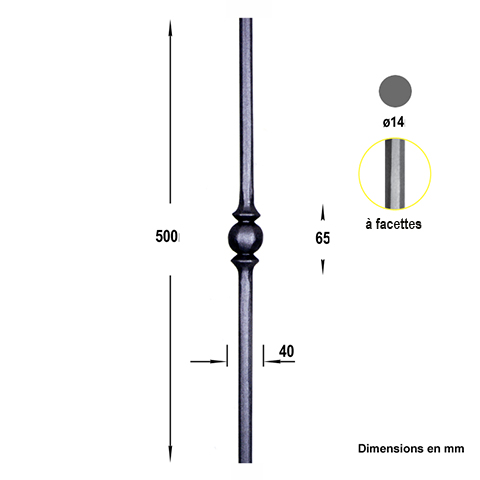 Balustre forg H500mm 14mm FG2704 Balustre Acier forg FG2704