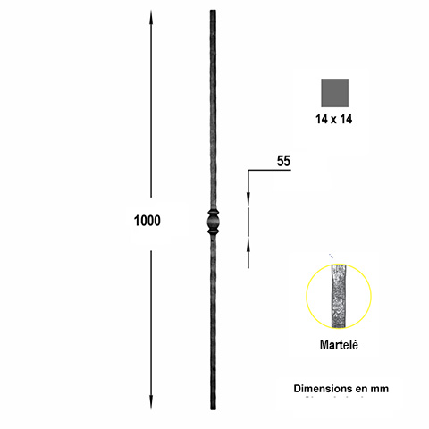 Balustre forg H1100mm 14x14mm FG2718 Balustre Acier forg FG2718