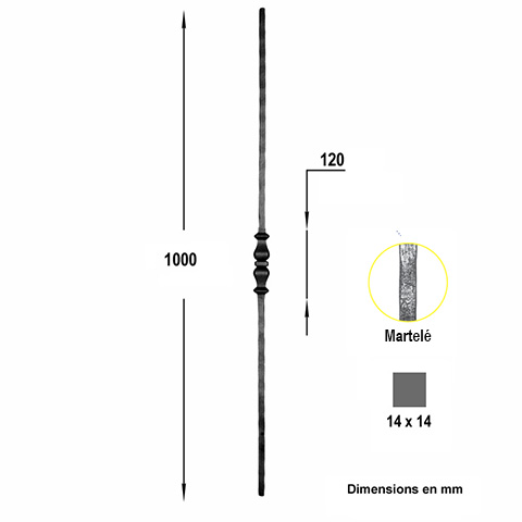 Balustre forg H1000mm 14x14mm FG2719 Balustre Acier forg FG2719