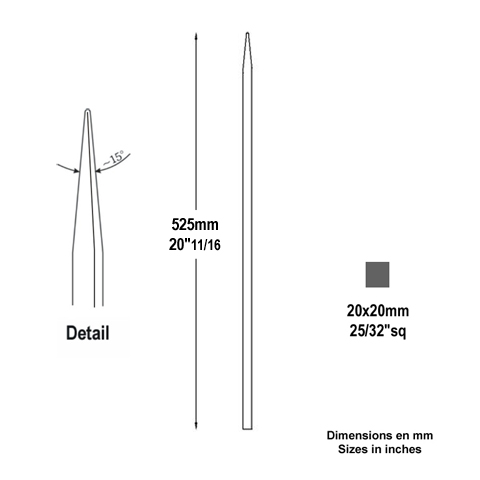 Barreau appoint 20x20mm 525mm FH2479 Barreau appoint Barreau 20x20mm FH2479