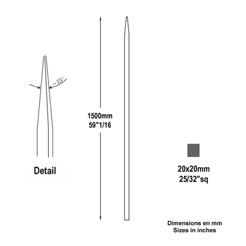 Barreau appoint 20x20mm 1500mm FH2484 Barreau appoint Barreau 20x20mm FH2484