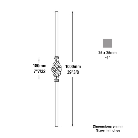 Poteau forg 25x25mm hauteur 1000mm FH2802 Poteau Poteau acier forg FH2802