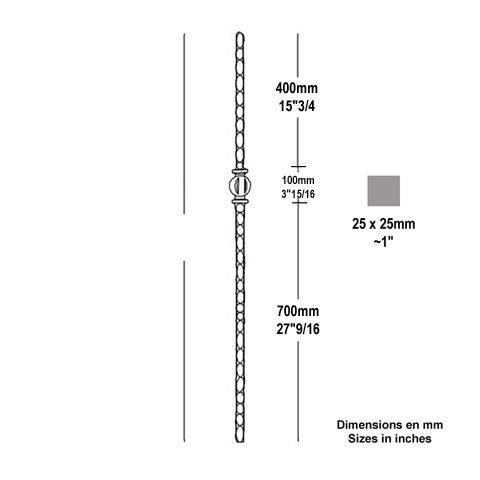 Poteau forg 25x25mm hauteur 1200mm FH2805 Poteau Poteau acier forg FH2805