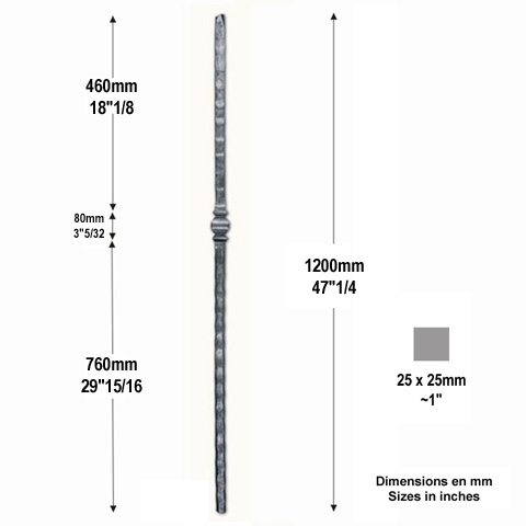 Poteau forg 25x25mm hauteur 1200mm FH2810 Poteau Poteau acier forg FH2810