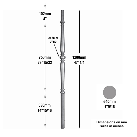 Poteau tourn 40mm hauteur 1200mm FH2835 Poteau Poteau acier tourn FH2835