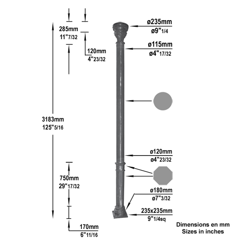 Poteau colonne H3183mm FH2902 Poteau colonne Poteau fonte H3m et FH2902