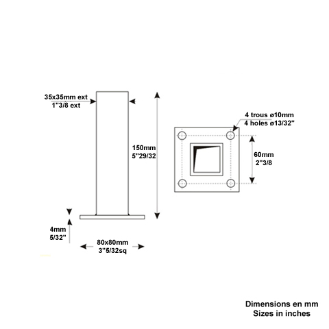 Pied-platine 35x35mm pour tube 40x40mm FJ2908 Plaque de fixation Pied tubulaire FJ2908