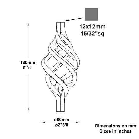 Pigne torsade 12x12mm H120mm FJ2921 Boule torsade Pigne FJ2921