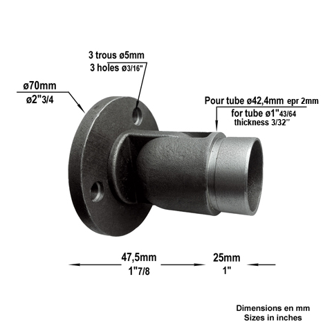Connecteur mural rglable de main courante ronde en acier 42,4mm epr2mm IN2853 Main courante acier ronde Raccords pour tube epr 2mm IN2853