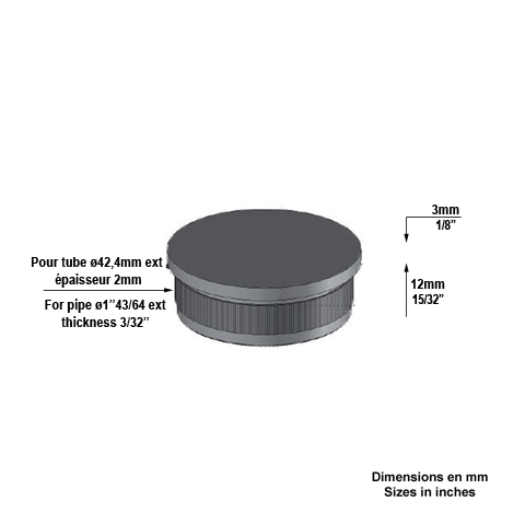 Bouchon de tube 42,4mm epr 2mm de main courante en acier