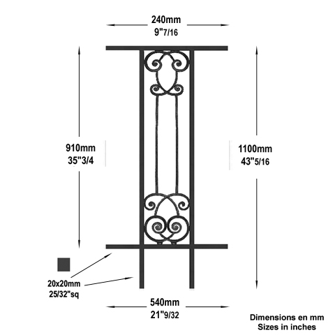 Garde-corps Amboise longueur 540mm hauteur 1100mm FL3474 Balustrade en fonte Balustrade AMBOISE FL3474