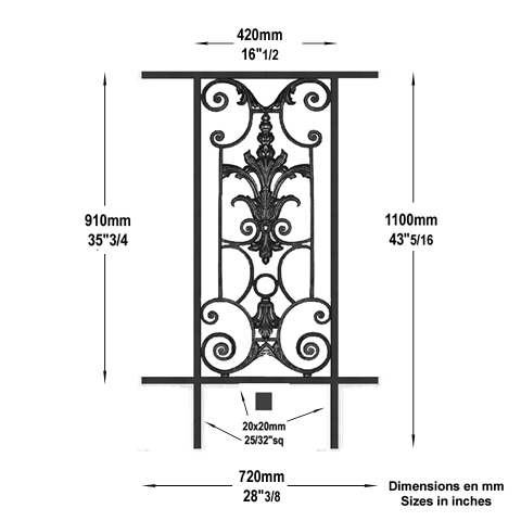 Garde-corps Amboise longueur 720mm hauteur 1100mm FL3475 Balustrade en fonte Balustrade AMBOISE FL3475
