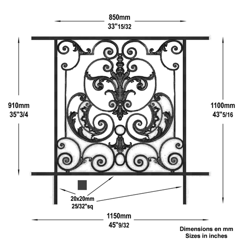 Garde-corps Amboise longueur 1150mm hauteur 1100mm FL3477 Balustrade en fonte Balustrade AMBOISE FL3477