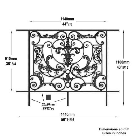 Garde-corps Amboise longueur 1440mm hauteur 1100mm FL3478 Balustrade en fonte Balustrade AMBOISE FL3478
