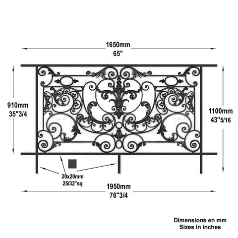 Garde-corps Amboise longueur 1950mm hauteur 1100mm FL3480 Balustrade en fonte Balustrade AMBOISE FL3480