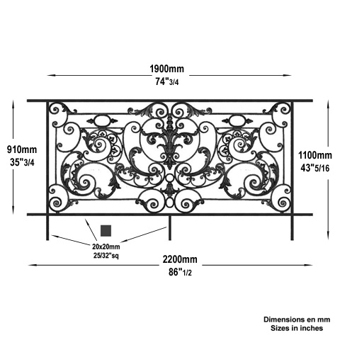 Garde-corps Amboise longueur 2200mm hauteur 1100mm FL3481 Balustrade en fonte Balustrade AMBOISE FL3481