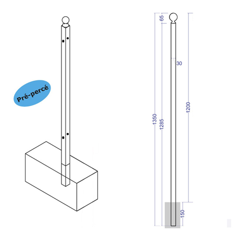 Poteau d'angle Linear  sceller 1350mm FT42024 Poteau  sceller Trous entr'axe court FT42024