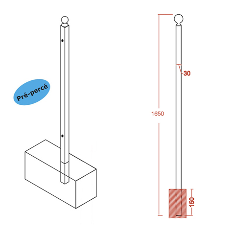Poteau de cloture Linear  sceller 1650mm FT42027 Poteau  sceller Trous entr'axe court FT42027