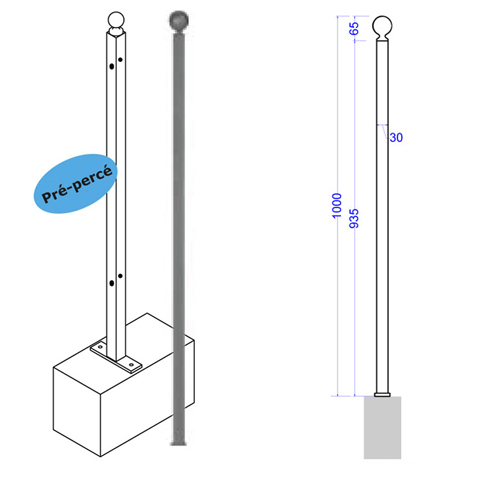 Poteau d'angle de cloture Linar  fixer 1200mm FT42043 Poteau  fixer Pour Marina Riviera Levante FT42043