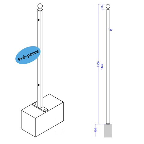 Poteau de cloture  fixer 1500mm FT42066 Poteau  fixer Trous entr'axe court FT42066