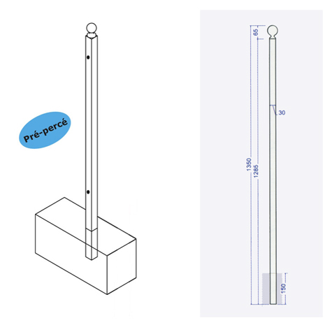 Poteau de cloture a sceller 1150mm FT42011 Poteau  sceller Trous entr'axe court FT42011