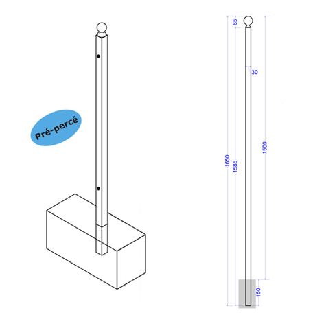 Poteau de cloture Linear a sceller 1650mm FT42091 Poteau  sceller Trous entr'axe moyen FT42091